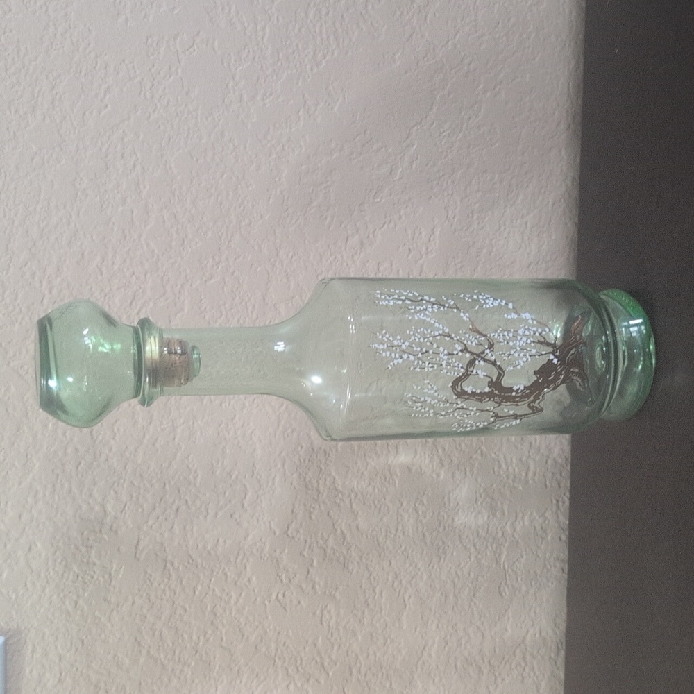 Green Glass Decanter with Tree Design